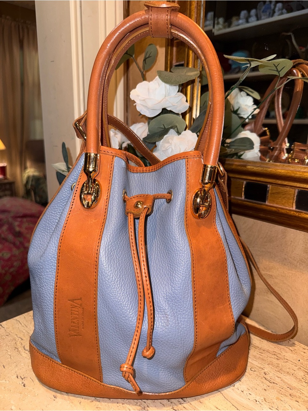 Valentina Two-Tone Leather Drawstring Shoulder Bag - Blue & Tan